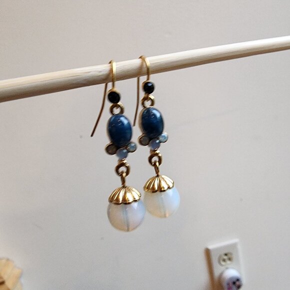 1928 Blue/Gold Beaded Drop Dangle Earrings - Picture 7 of 16
